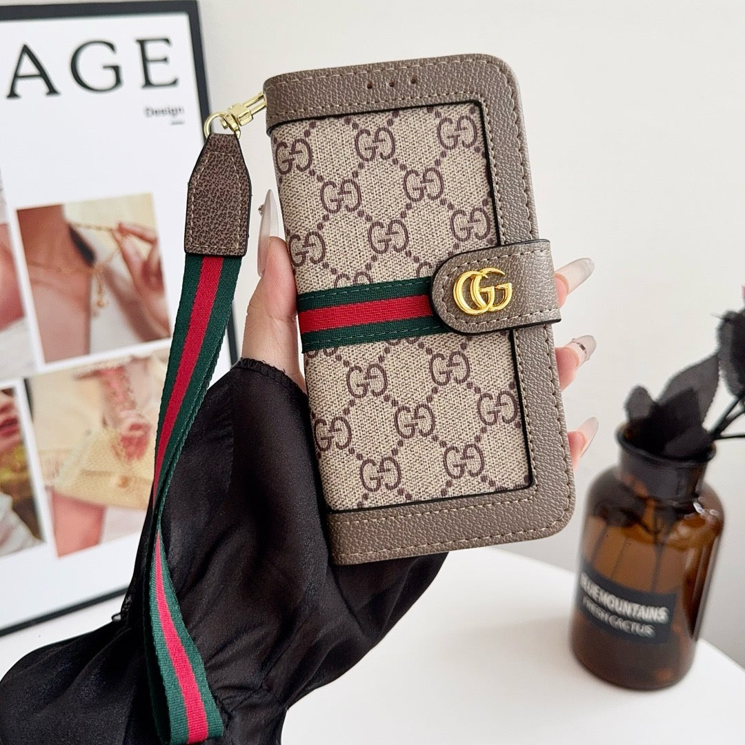Luxury Luxury Pattern Wallet iPhone Case with Card Holder and Strap