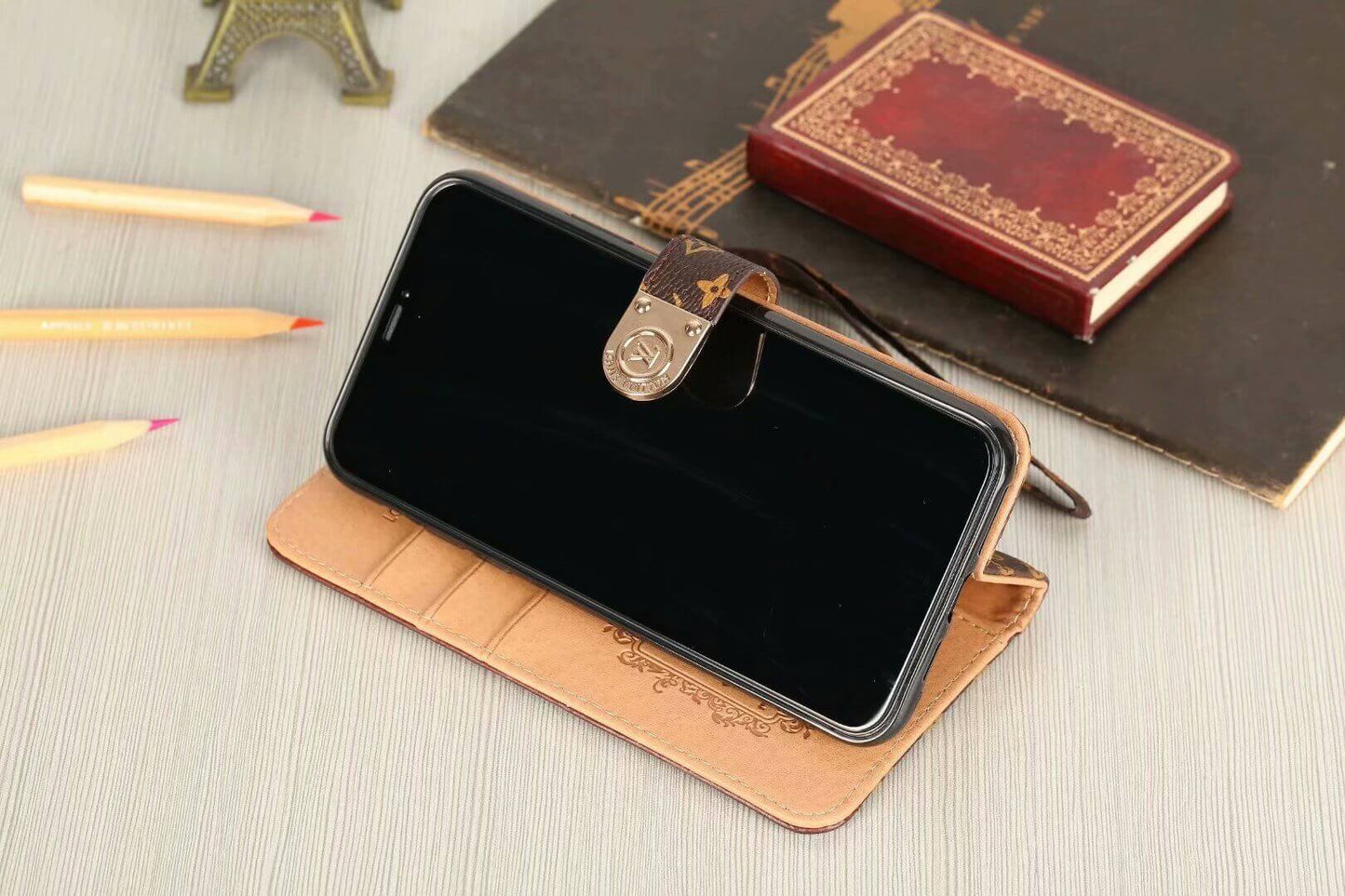 Luxury Monogram Wallet Case for iPhone – Black Checkerboard