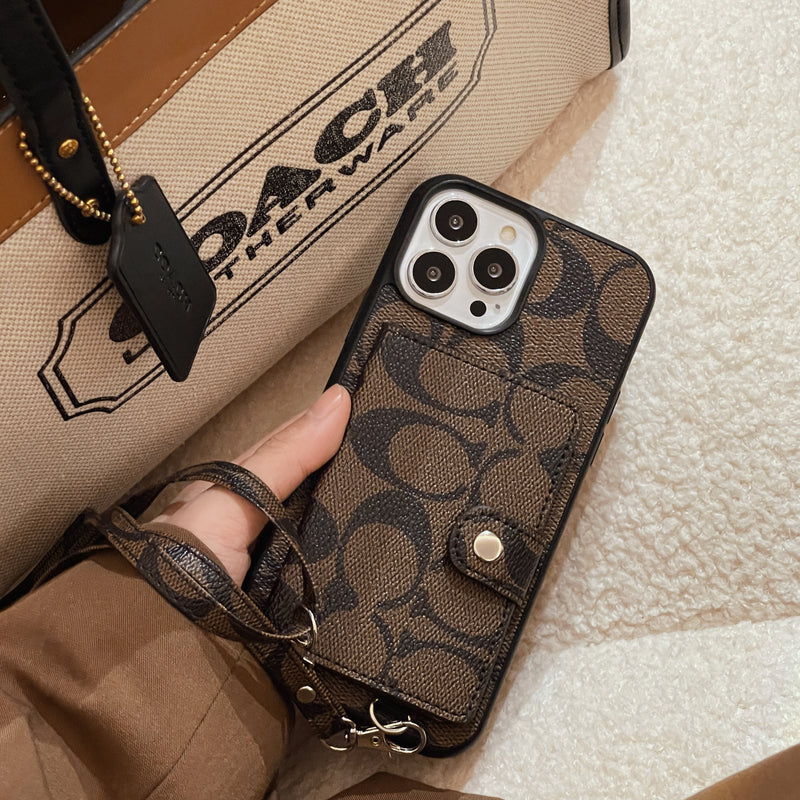 Classic iPhone Case With Wallet And Strap Brown -SZK240402