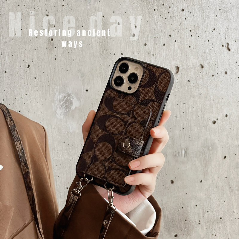 Classic iPhone Case With Wallet And Strap Brown -SZK240402