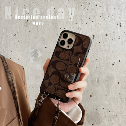Classic iPhone Case With Wallet And Strap Brown -SZK240402