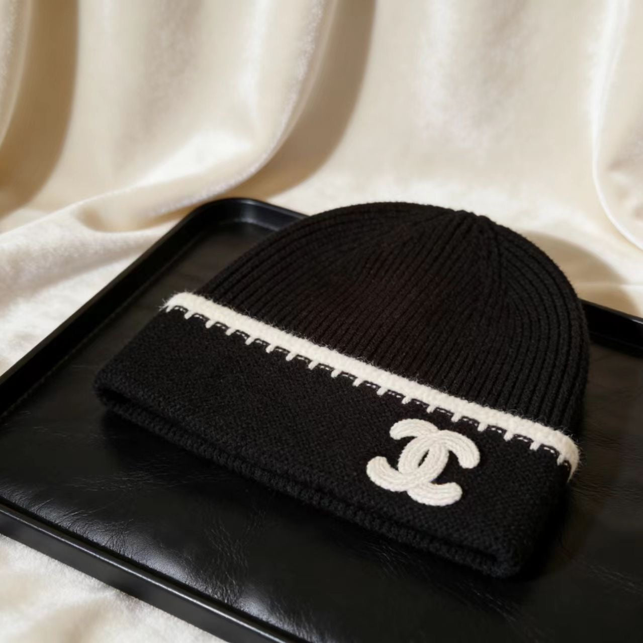 Black and white two-tone knit hat