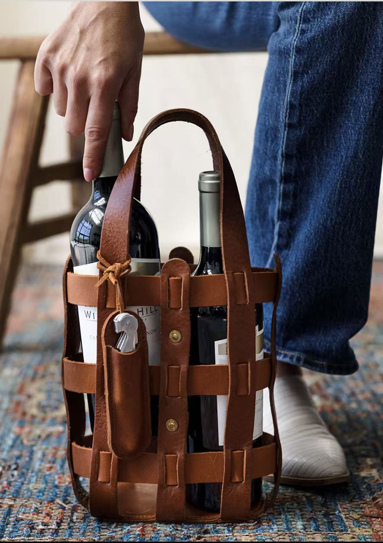 Hide & Drink, Double Wine Bottle Carrier, Travel Purse, Full Grain Leather