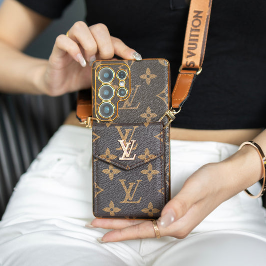 Luxury Classic Leather Samsung Case With Card Wallet And Strap