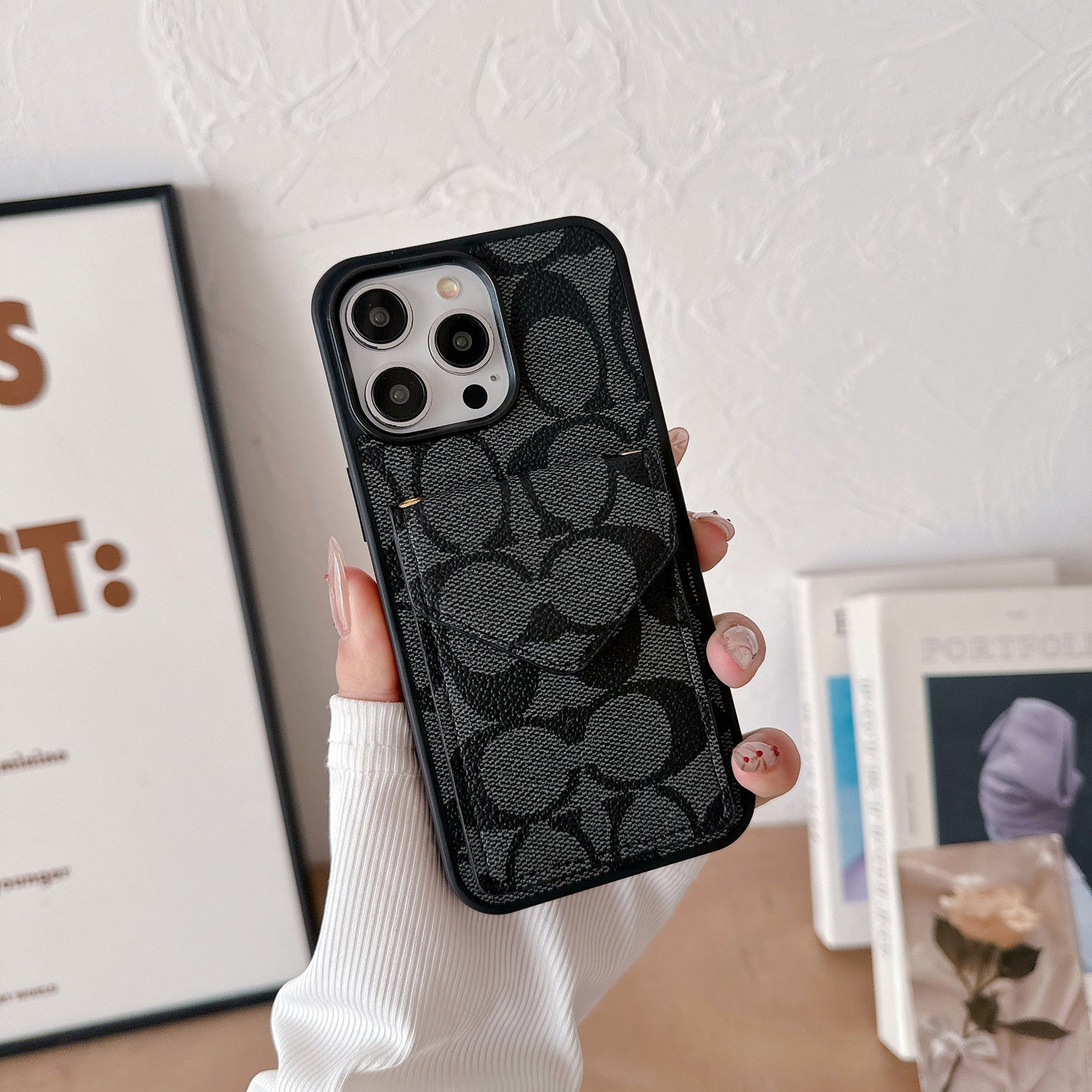 Classic iPhone Case With Card Holder And Strap Light Black -SJ240513
