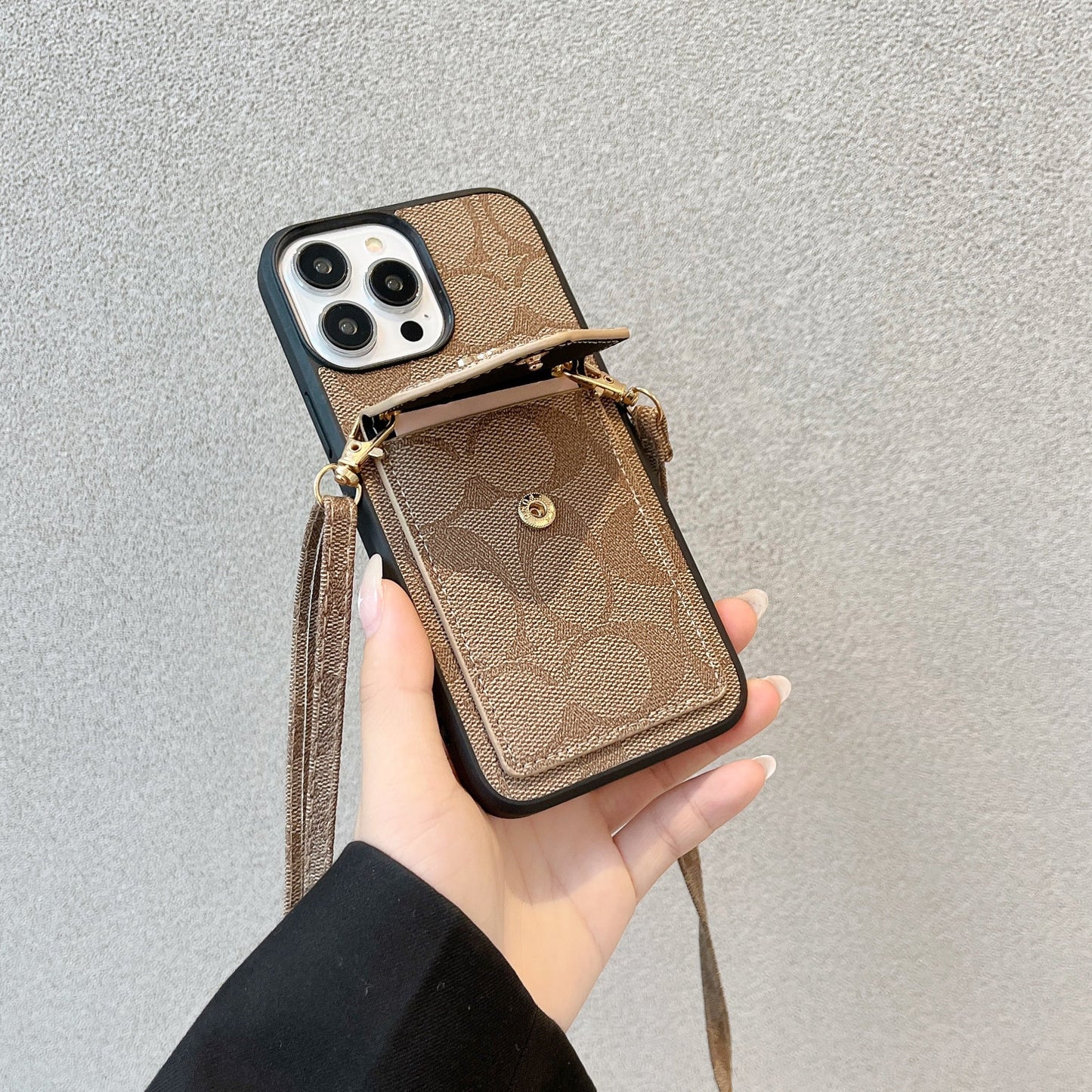 Classic iPhone Case With Card Holder And Strap Light Brown -SJ240513