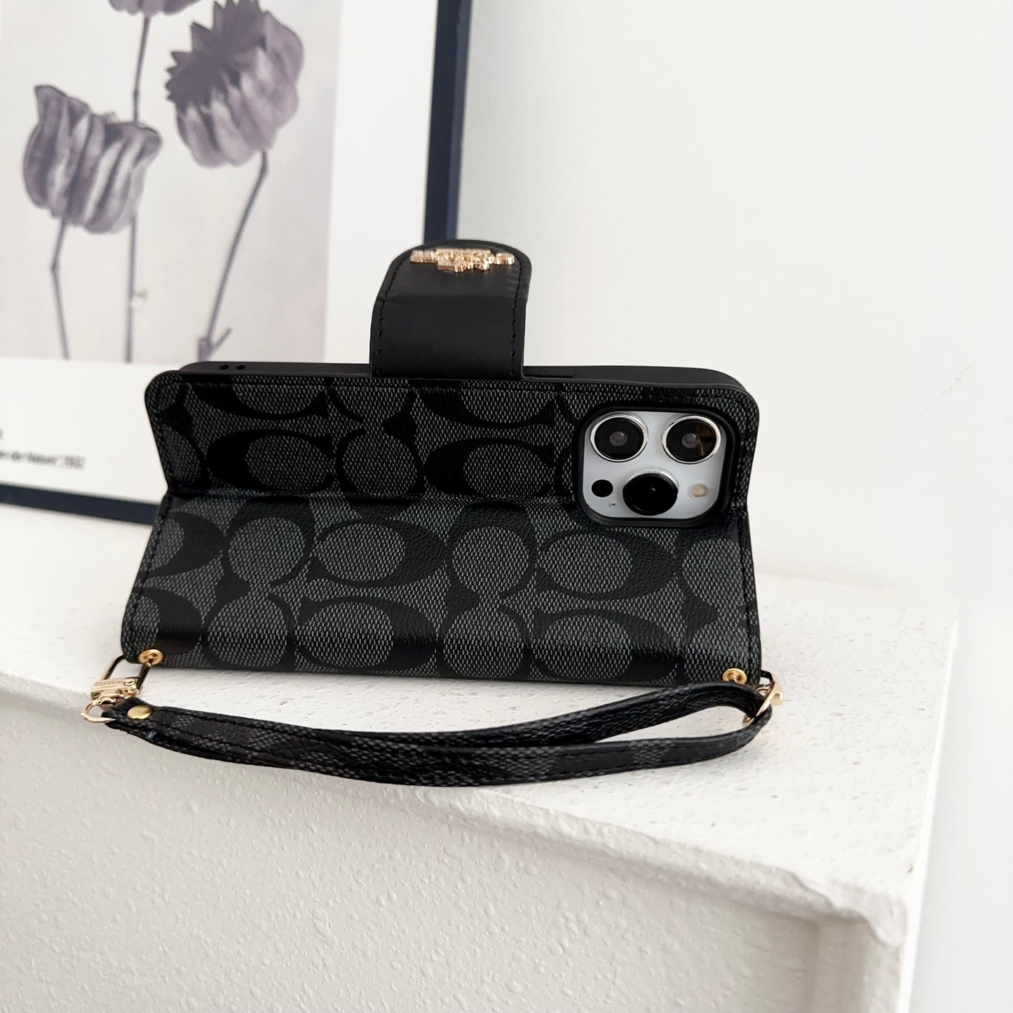 Classic iPhone Case Leather Flip Case with Card Holder Black
