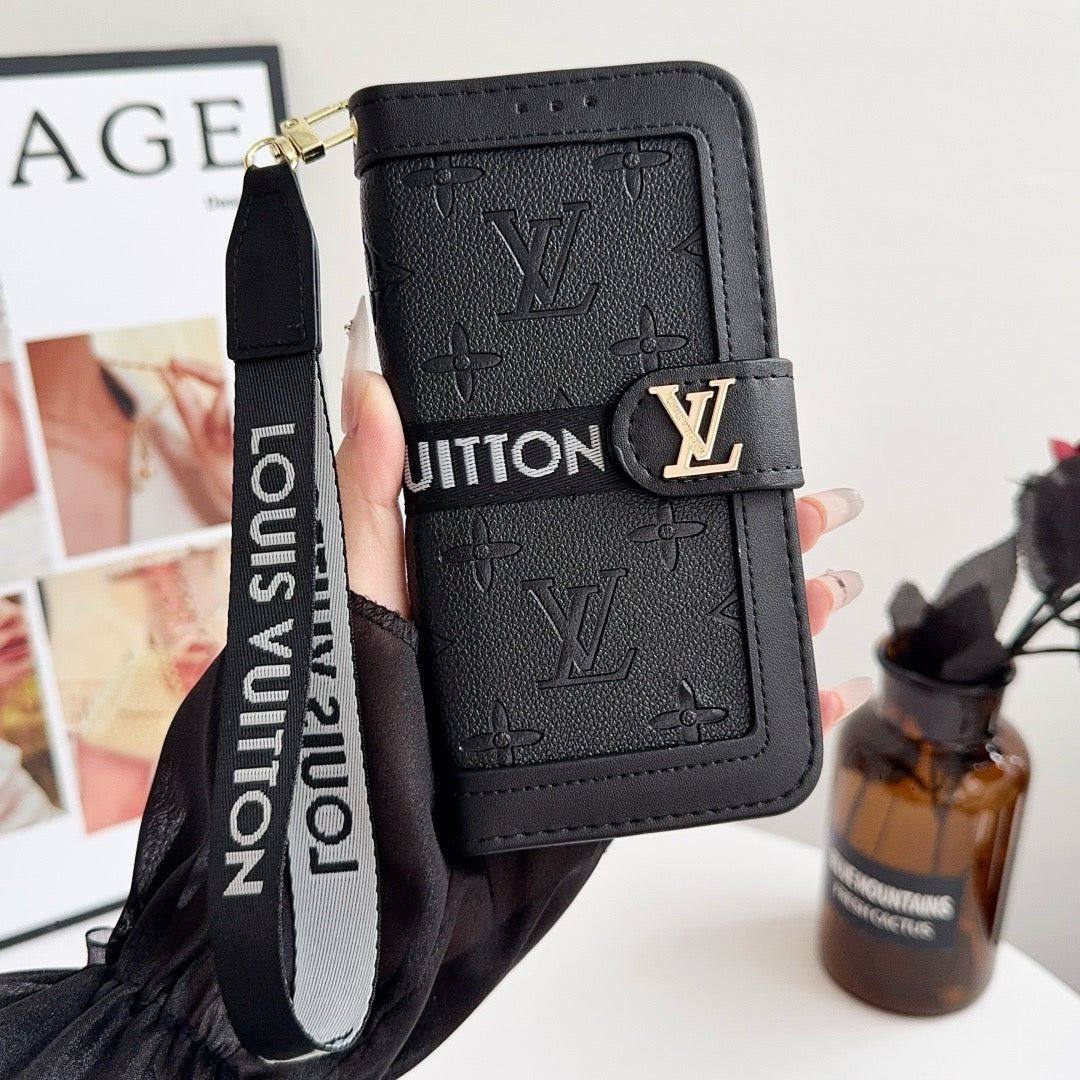 Luxury Luxury Pattern Wallet iPhone Case with Card Holder and Strap