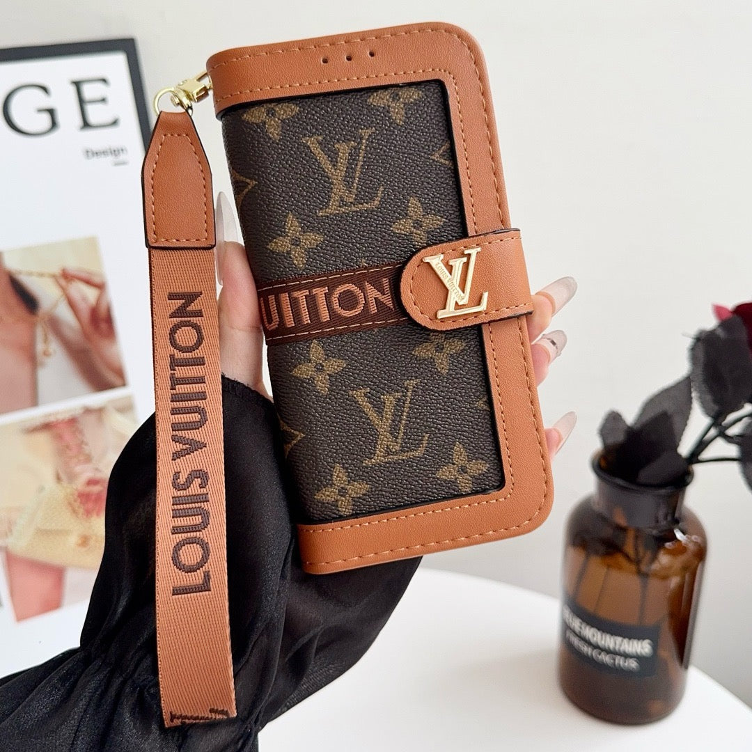 Luxury Luxury Pattern Wallet iPhone Case with Card Holder and Strap