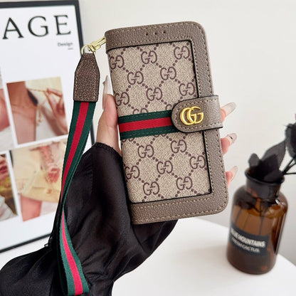 Luxury Luxury Pattern Wallet iPhone Case with Card Holder and Strap