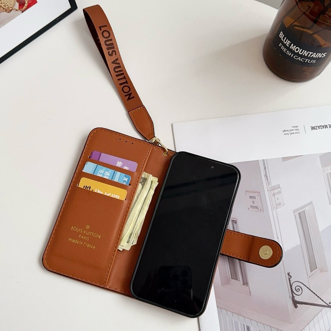 Luxury Luxury Pattern Wallet iPhone Case with Card Holder and Strap