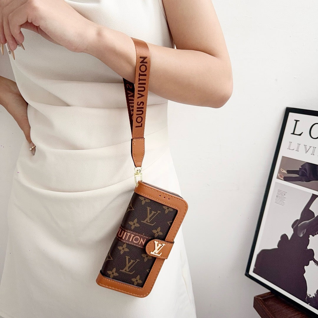 Luxury Luxury Pattern Wallet iPhone Case with Card Holder and Strap