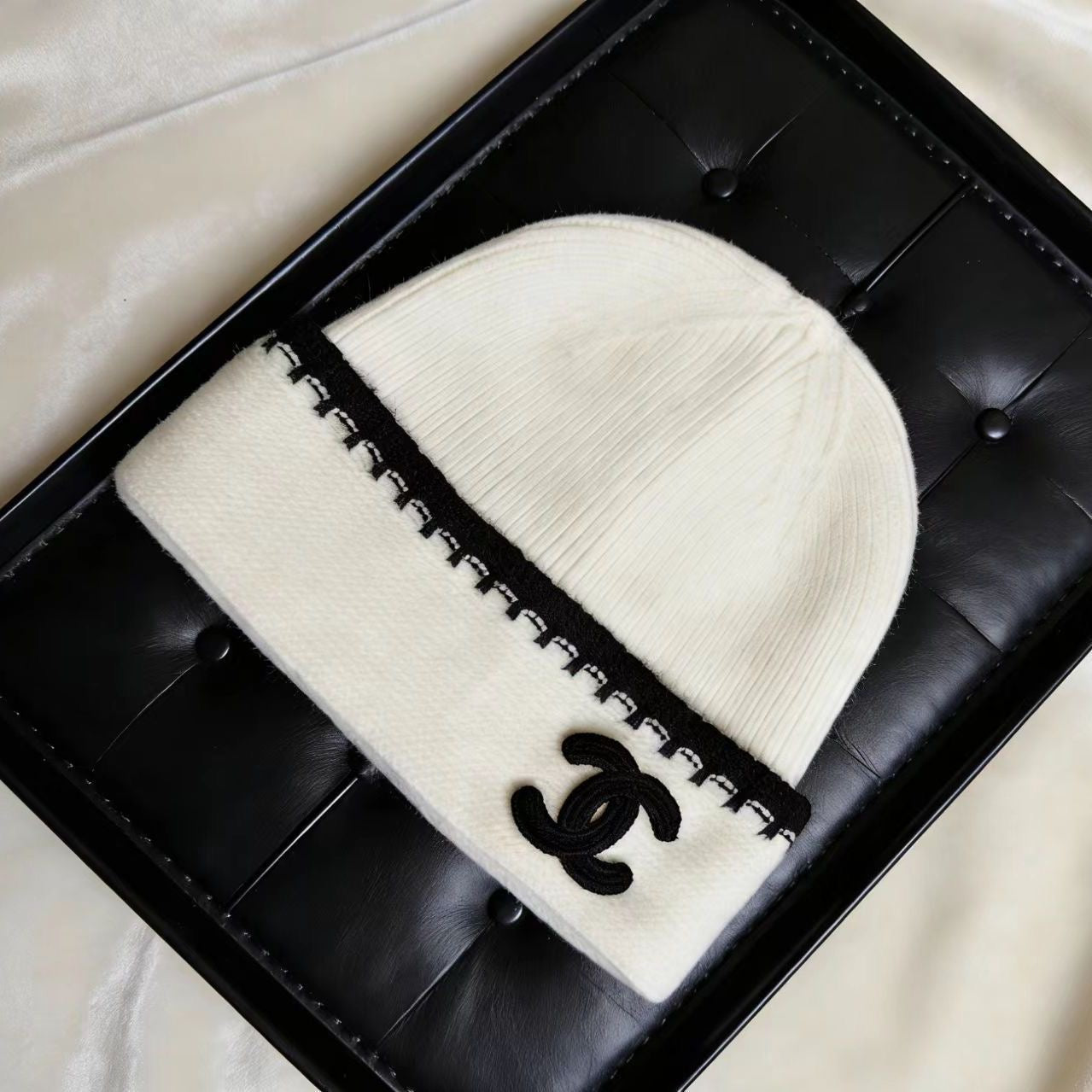 Black and white two-tone knit hat