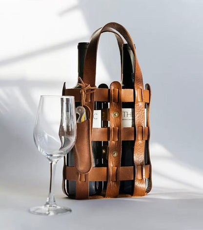Hide & Drink, Double Wine Bottle Carrier, Travel Purse, Full Grain Leather