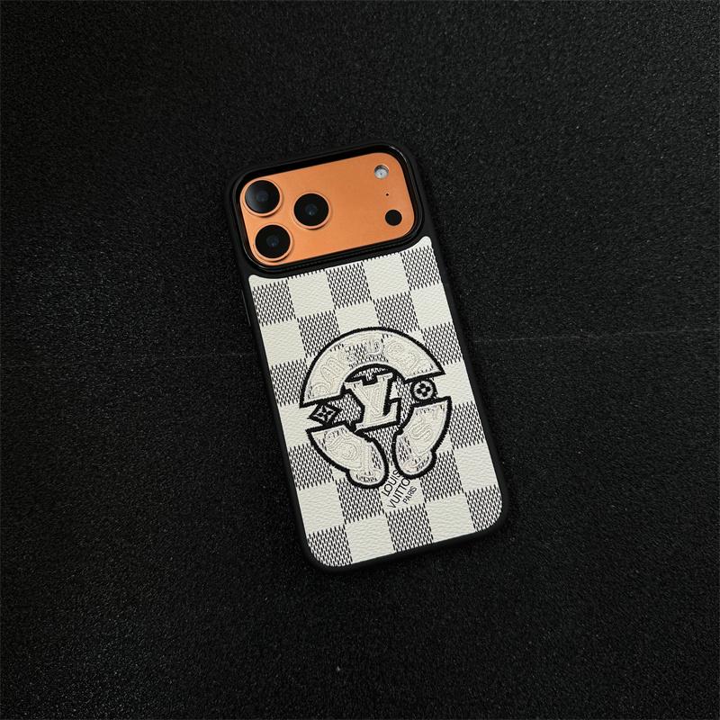 Embroidered Leather-Texture Checkerboard Phone Case with Raised Stitch Emblem