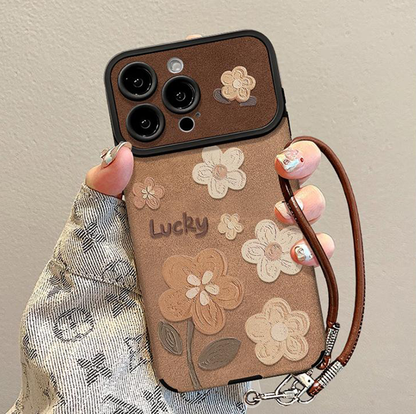 Floral Leather Phone Case with Detachable Wrist Strap