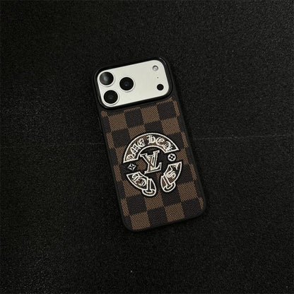 Embroidered Leather-Texture Checkerboard Phone Case with Raised Stitch Emblem
