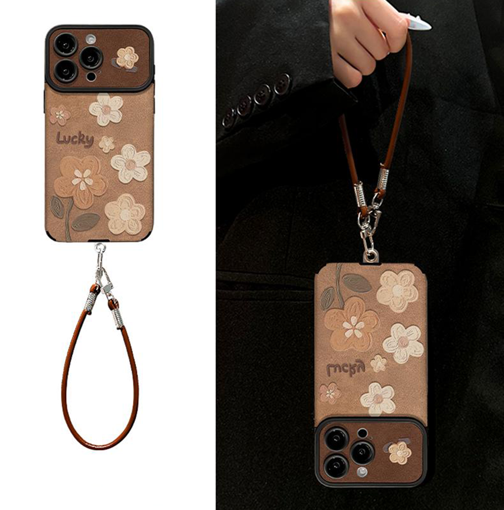 Floral Leather Phone Case with Detachable Wrist Strap
