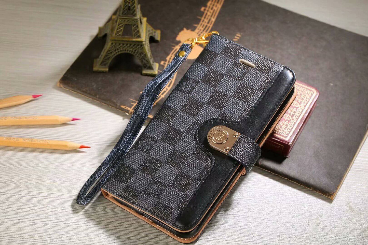 Luxury Monogram Wallet Case for iPhone – Black Checkerboard