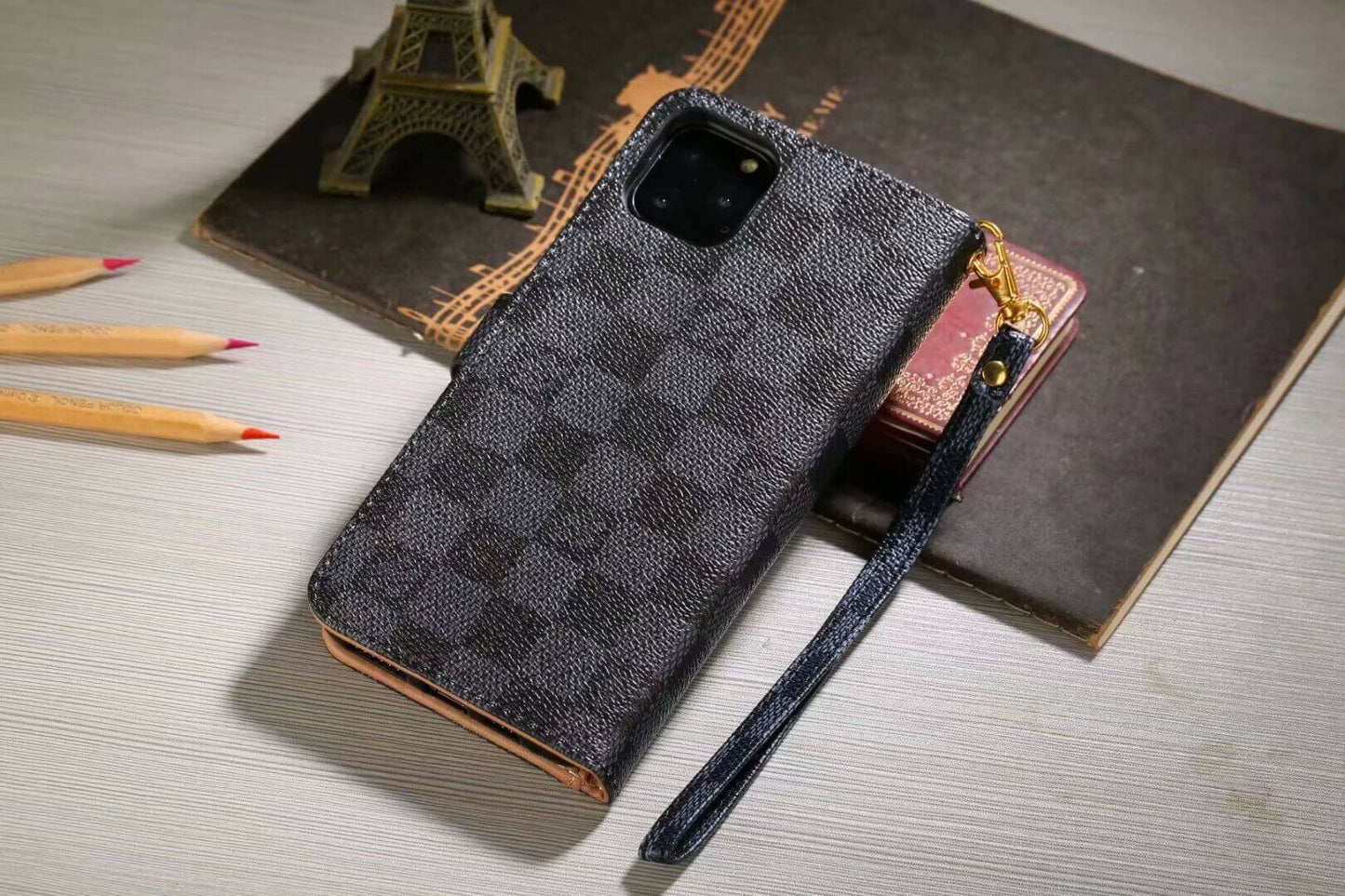 Luxury Monogram Wallet Case for iPhone – Black Checkerboard